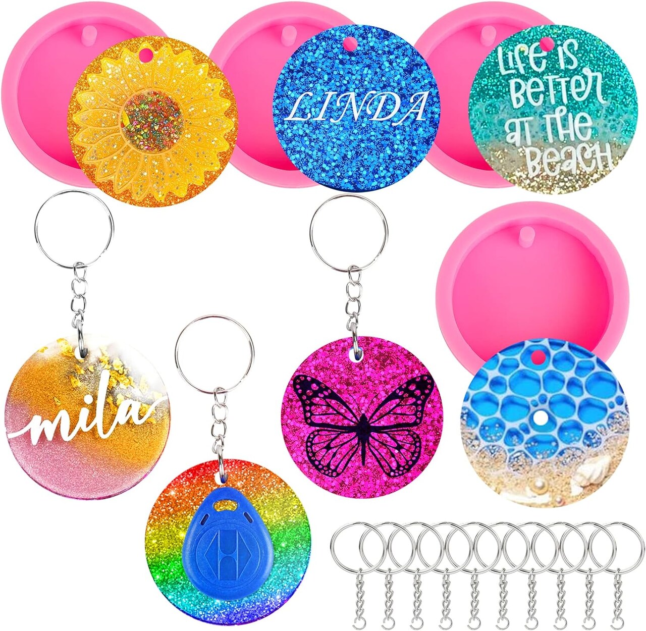 Resin Molds Silicone Keychain, 4 Pcs Round Epoxy Casting Mold for RFID Key Fob/Tracker with 10 Pieces Key Rings